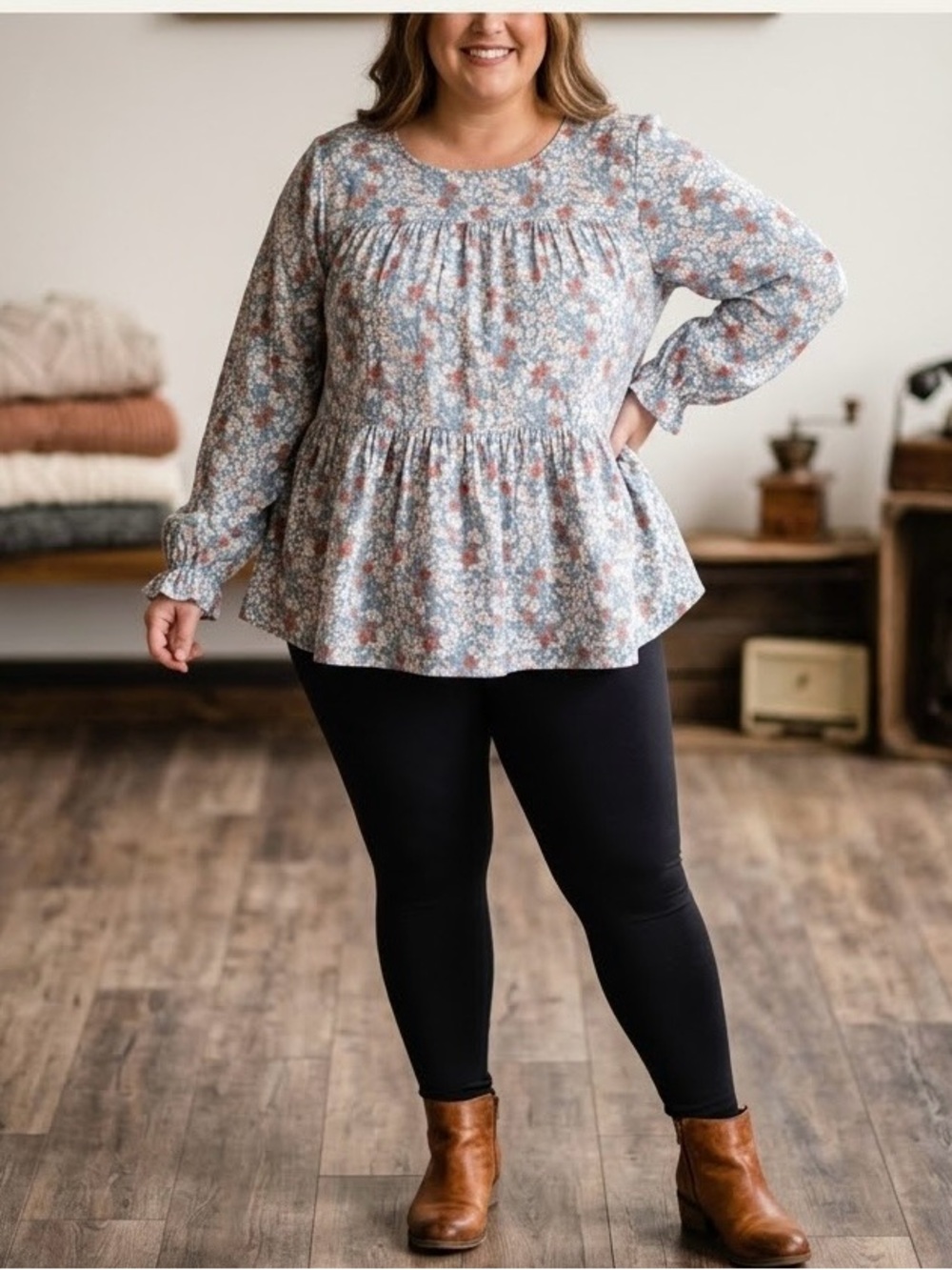 SHEIN Blue and Rust Floral Peplum Long-Sleeve Tunic- Size 2XL